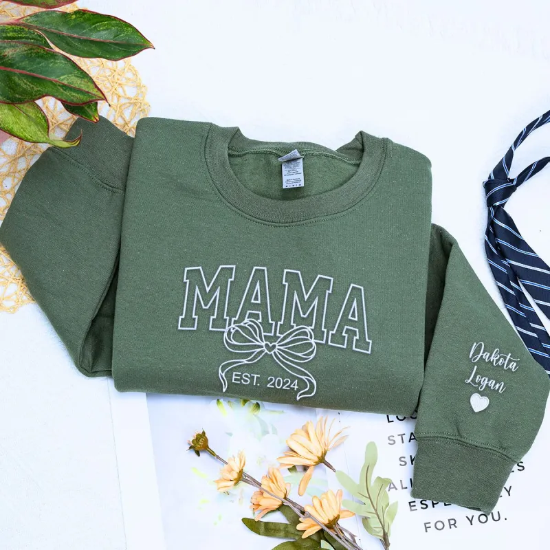 Personalized Gift for Mama with Embroidered Coquette Bow and Est year on Chest Sweatshirt or Hoodie sold by Embroly
