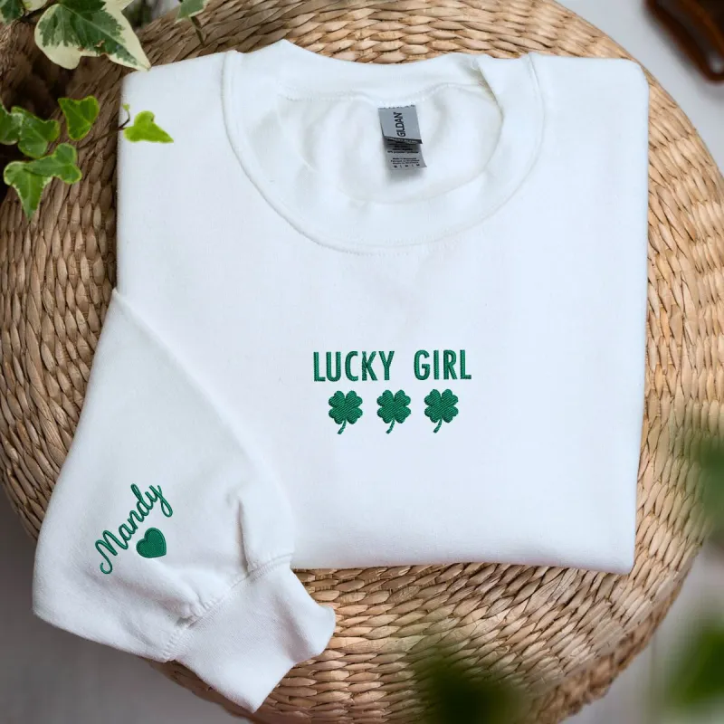 Lucky Girl Sweatshirt or Hoodie with Clover on Chest, Custom Embroidered Gift for St Patrick's Day sold by Embroly