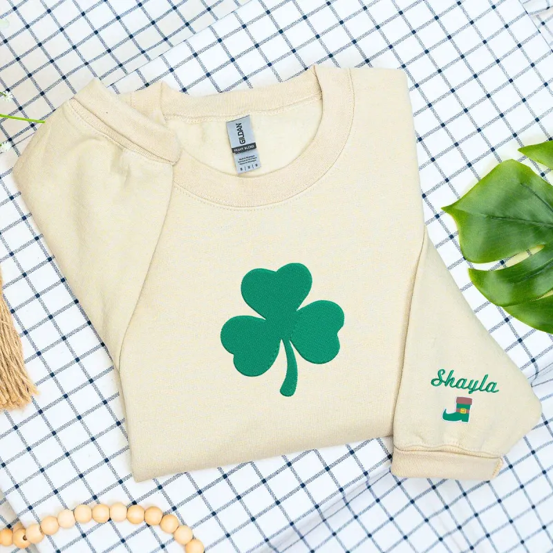 Personalized Gift for St Patrick's Day with Embroidered Shamrock on Chest Sweatshirt or Hoodie sold by Embroly