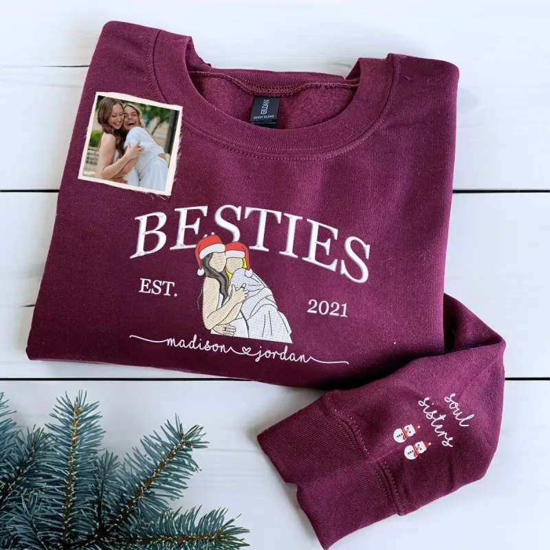 Personalized Christmas Gift For Best Friend with Embroidered Best Friend Portrait Photo Sweatshirt or Hoodie sold by Embroly