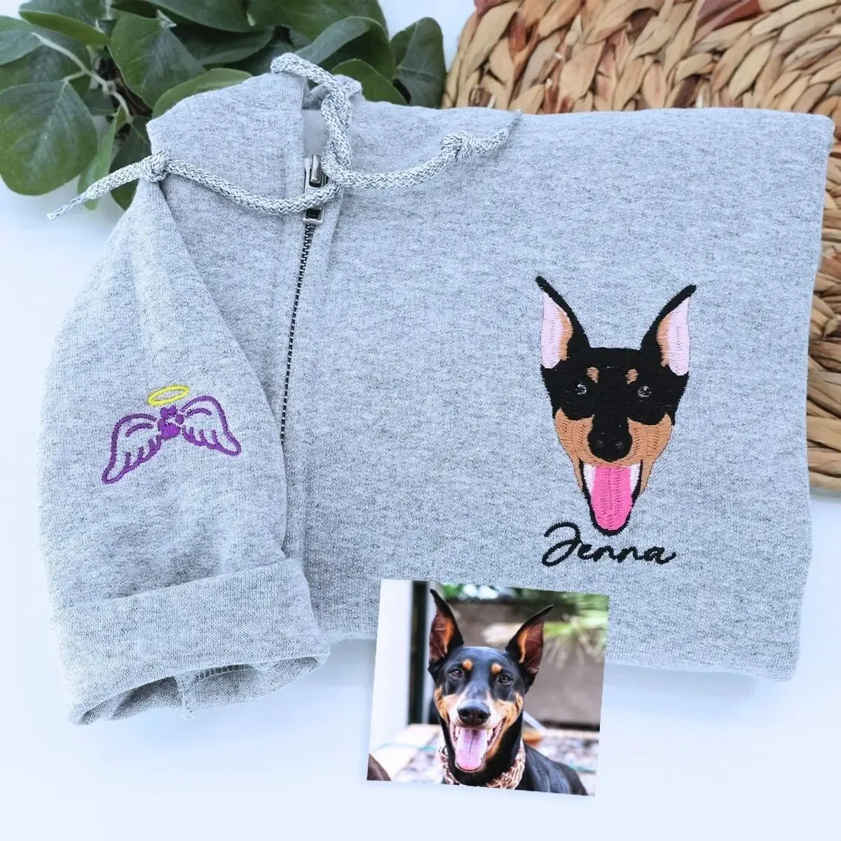 Custom Embroidered Zip Up Hoodie with Pet Photo Portrait / Quarter Zip Sweatshirt sold by Embroly product image thumbnail 3