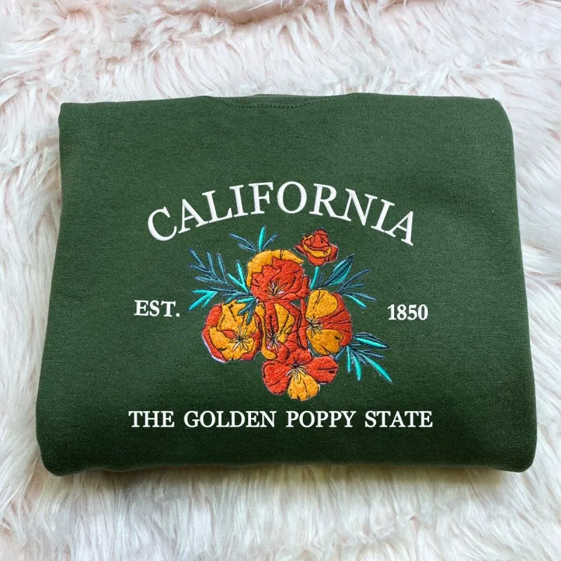 California State Sweatshirt or Hoodie, Embroidered Gift - Est. 1850 Golden Poppy Flower sold by Embroly