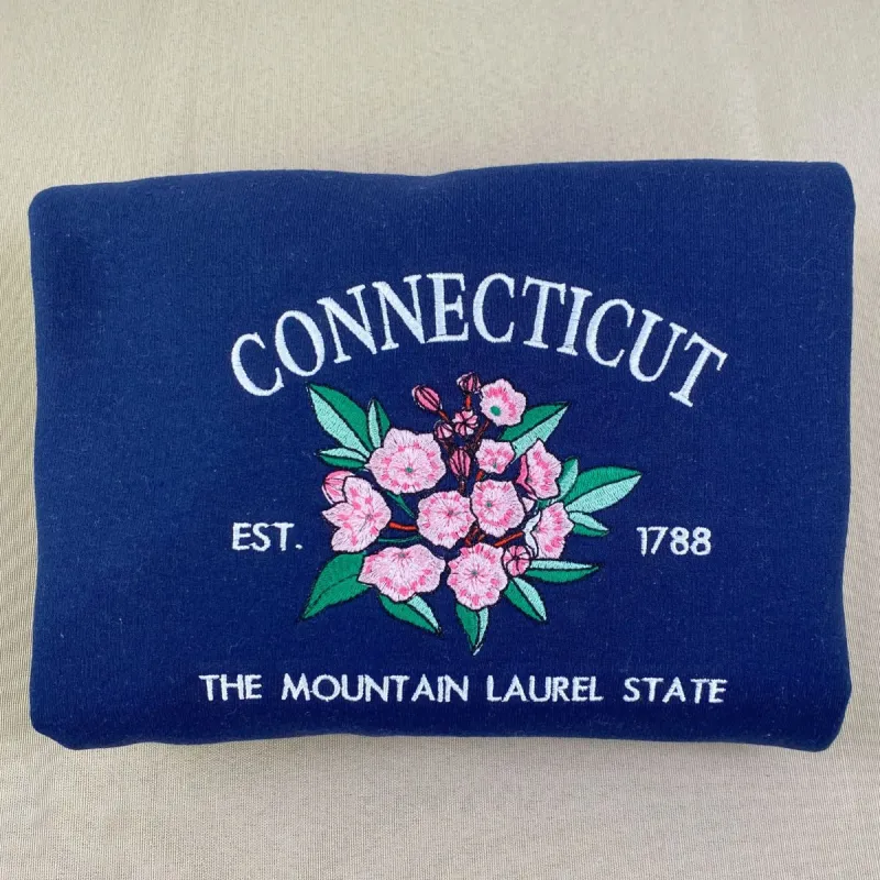 Connecticut State Sweatshirt or Hoodie, Embroidered Gift - Est. 1788 Mountain Laurel Flower made by Embroly