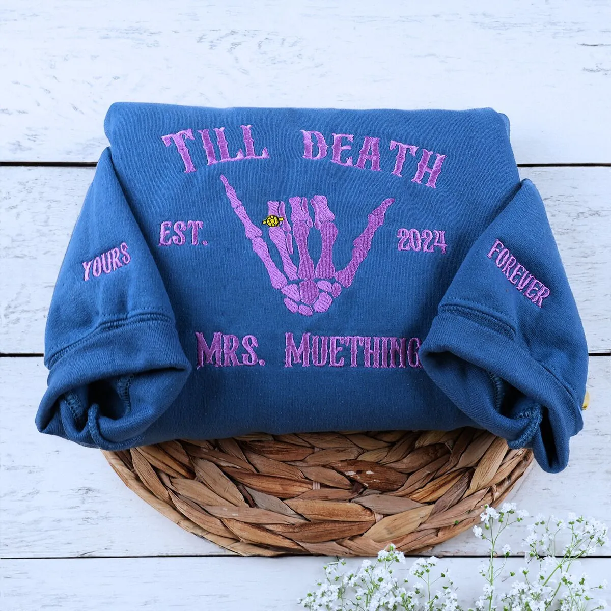 Custom Embroidered Skeleton Till Death Married Couple Mr Mrs Matching Newlywed Husband and Wife Sweatshirt or Hoodie sold by Embroly product image thumbnail 5