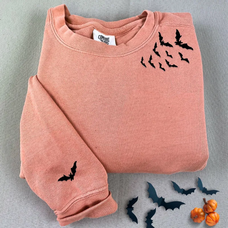 Comfort ColorĀ® Embroidered Bats on Neckline Halloween T-Shirt or Sweatshirt made by Embroly