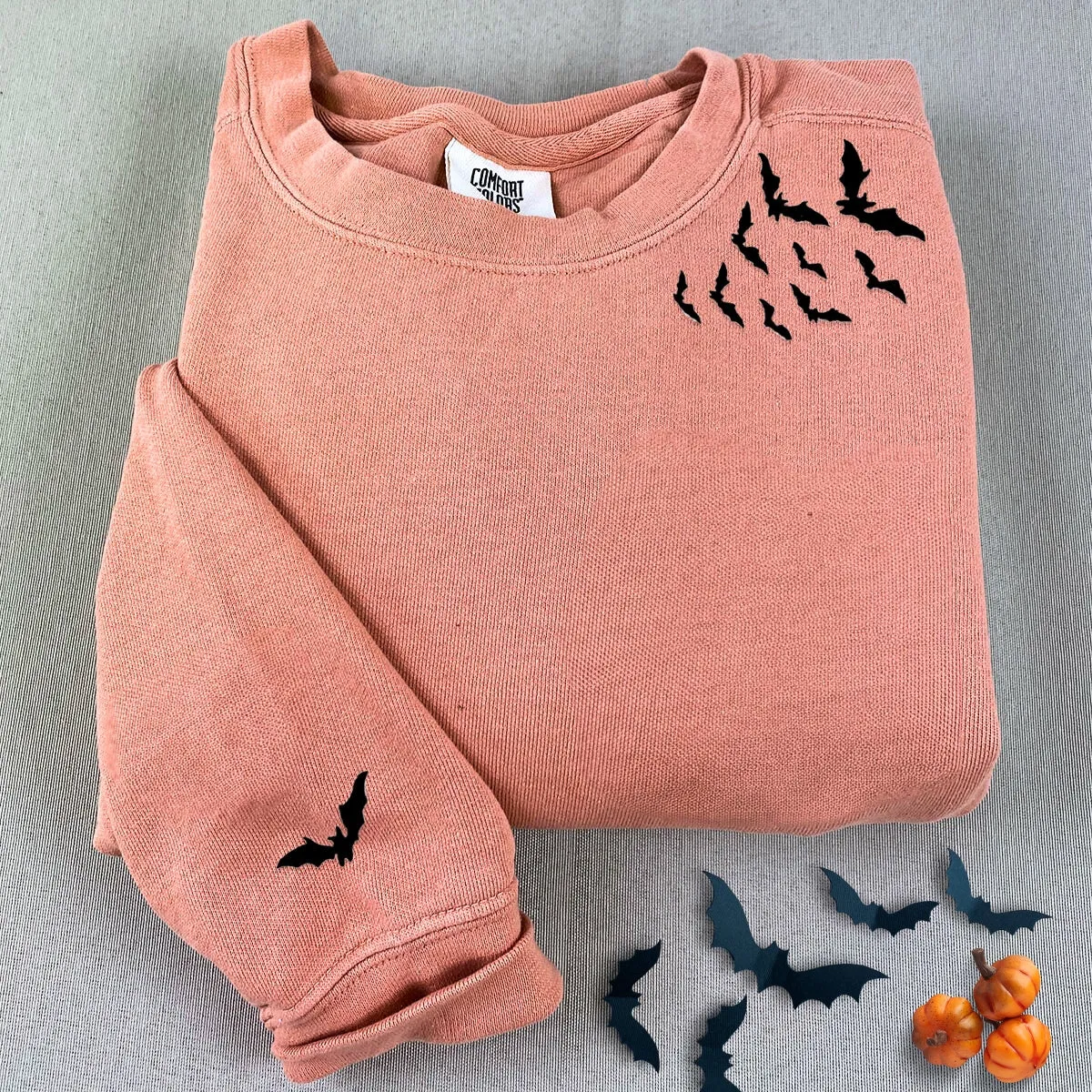 Comfort Color® Embroidered Bats on Neckline Halloween T-Shirt or Sweatshirt sold by Embroly