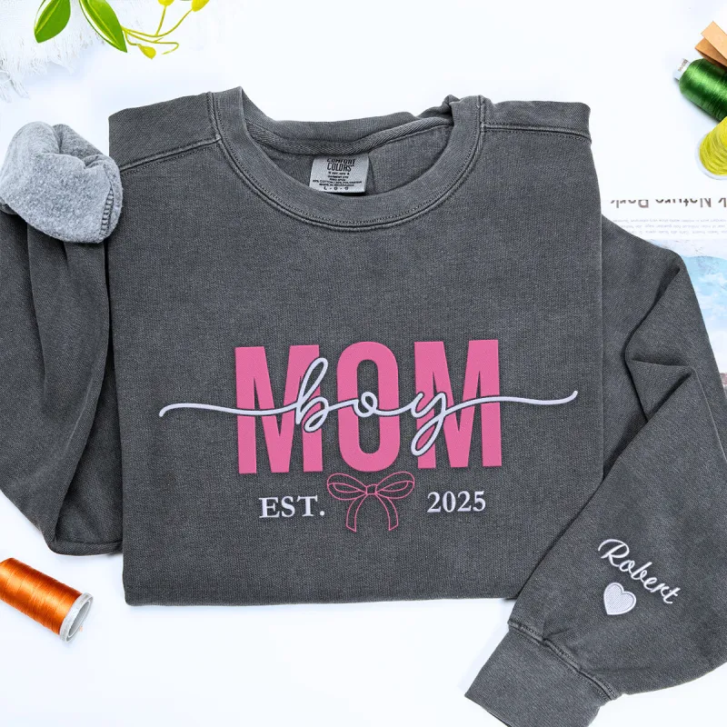 Boy Mom Sweatshirt or Hoodie with Embroidered Names on Sleeve, Custom Gift for Boy Mom sold by Embroly