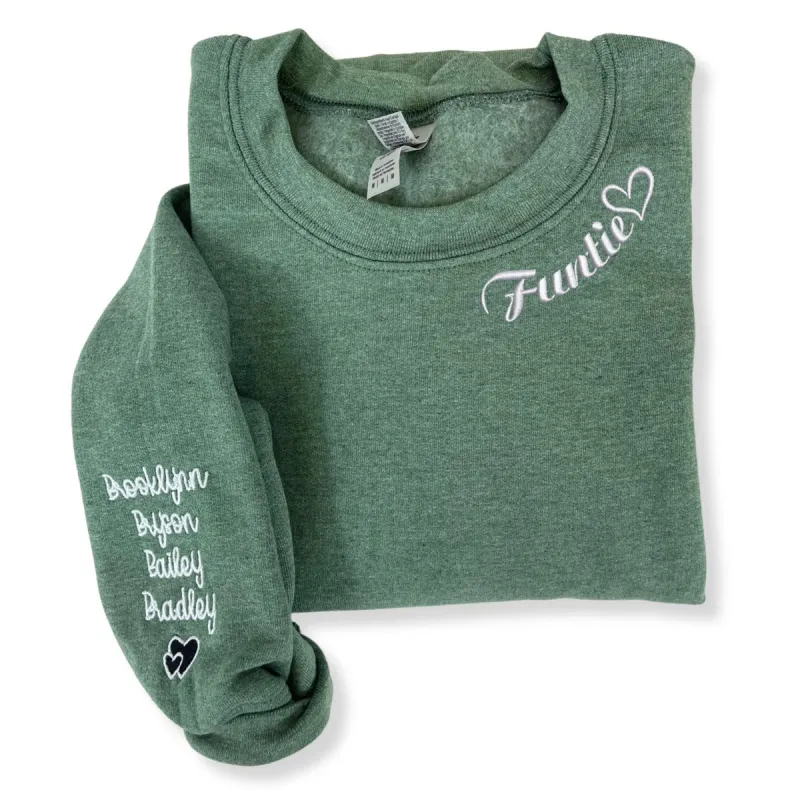 Custom Embroidered Funtie Sweatshirt or Hoodie with Niece or Nephew Names on Sleeve made by Embroly