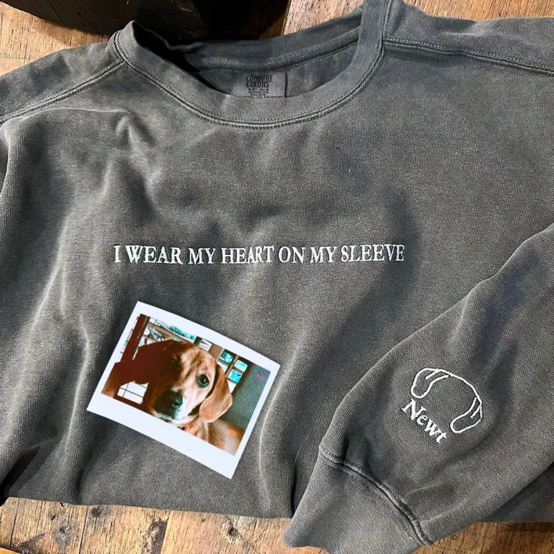 Comfort Color® In My Dog Mom Era Sweatshirt with Custom Embroidered Dog Ear on Sleeve sold by Embroly