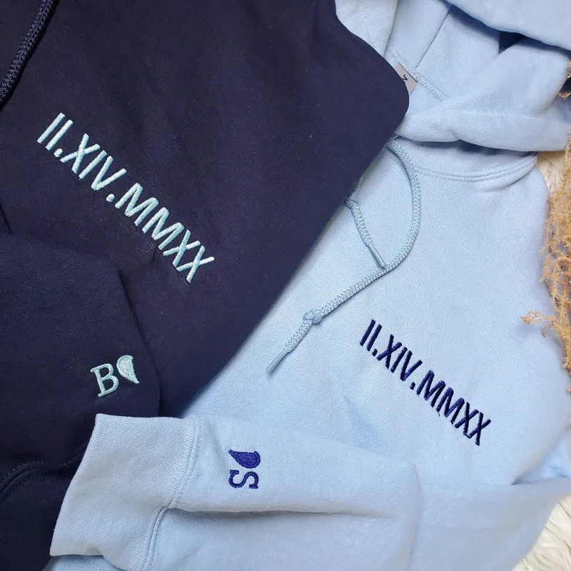 Cute Valentines Day Sweatshirt or Hoodie with Roman Numerals, Custom Embroidered Gift Ideas For Couples made by Embroly