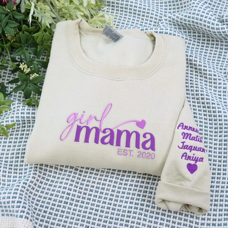 Girl Mama Sweatshirt or Hoodie with Kid Names on Sleeve - Embroidered Gift for Girl Mama sold by Embroly