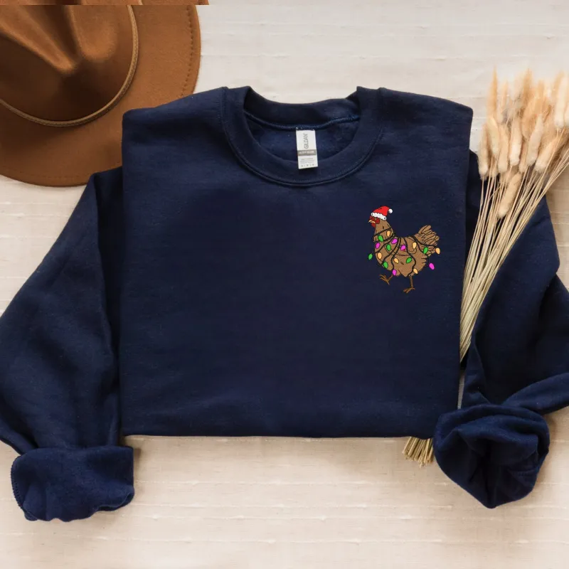 Christmas Chicken Sweatshirt Embroidered, Funny Farmer Chickens Crewneck or Christmas Country Hoodie sold by Embroly