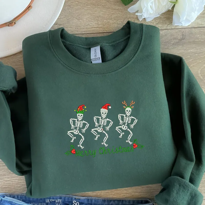 Christmas Skeletons Sweatshirt, Funny Christmas  Embroidered Sweatshirt or Hoodie made by Embroly