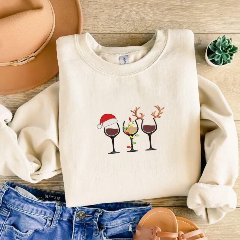 Christmas Wine Sweatshirt Embroidered, Christmas Lights Crewneck sold by Embroly