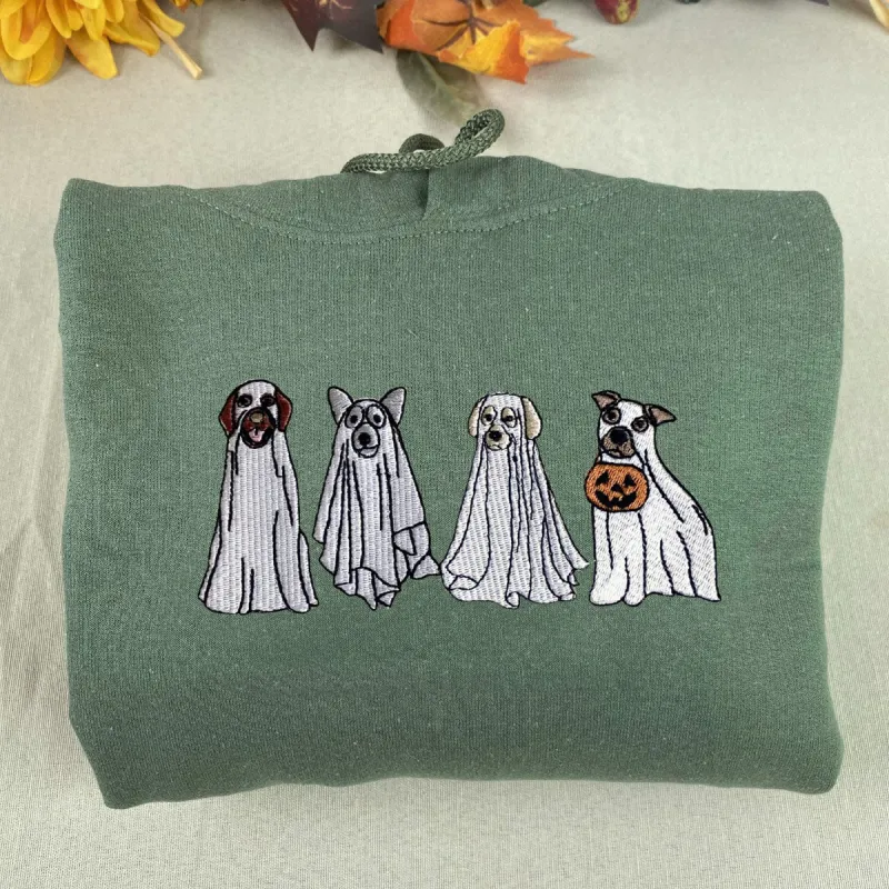 Cute Ghost Dog Halloween Sweatshirt Embroidered, Dog Lovers Crewneck or Hoodie sold by Embroly