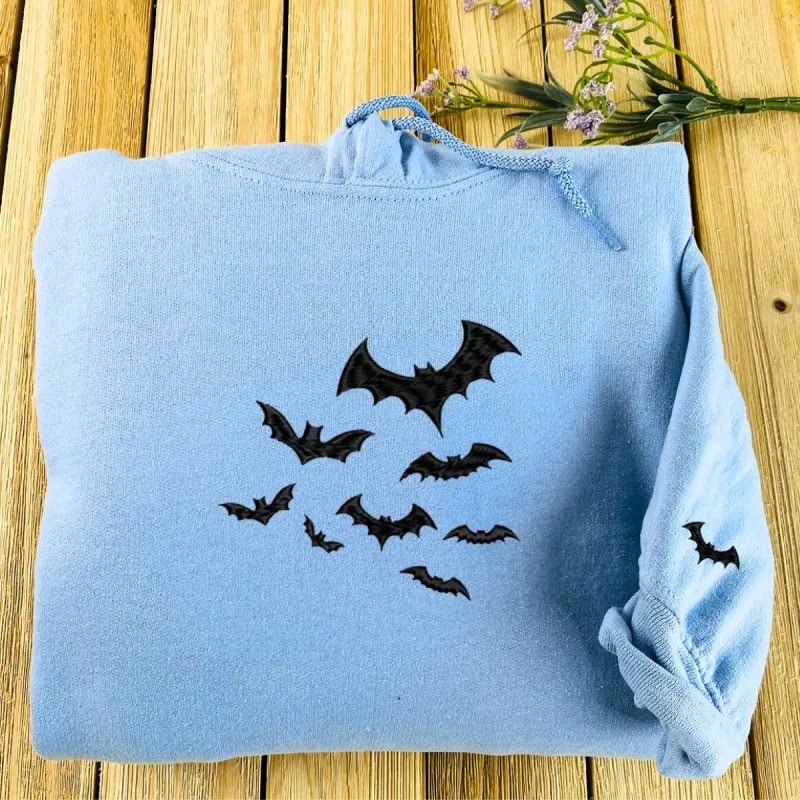 Bats Halloween Crewneck Sweatshirt, Embroidered Bats on Sleeve Hoodie for Men Women made by Embroly