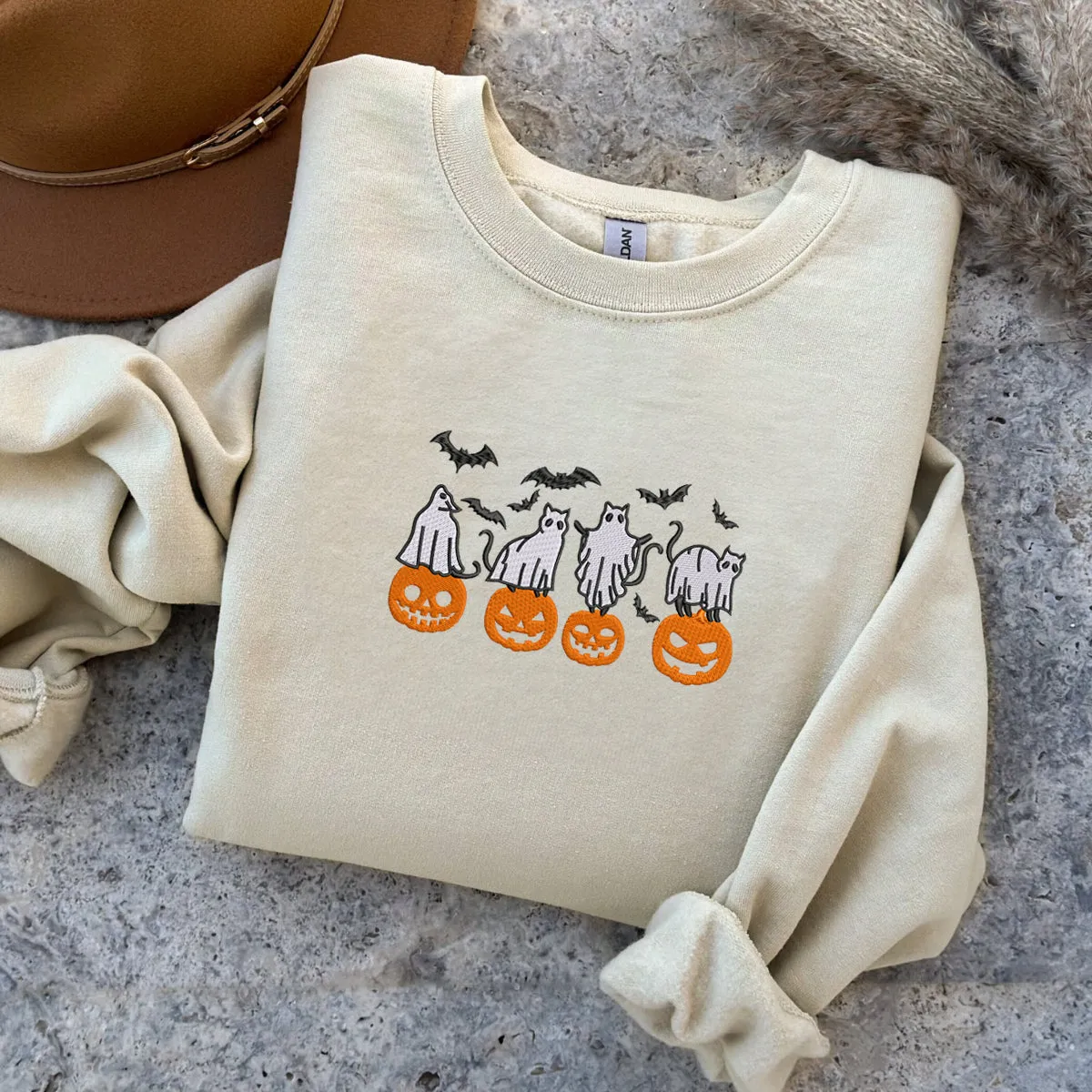 Halloween Pumpkin, Bats, Cats Ghost Sweatshirt or Hoodie sold by Embroly product image thumbnail 2