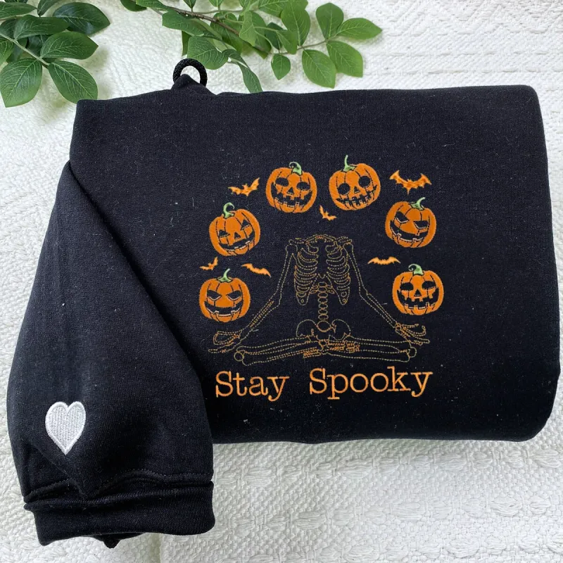 Halloween Pumpkin Sweatshirt, Embroidered Skeleton Hoodie sold by Embroly