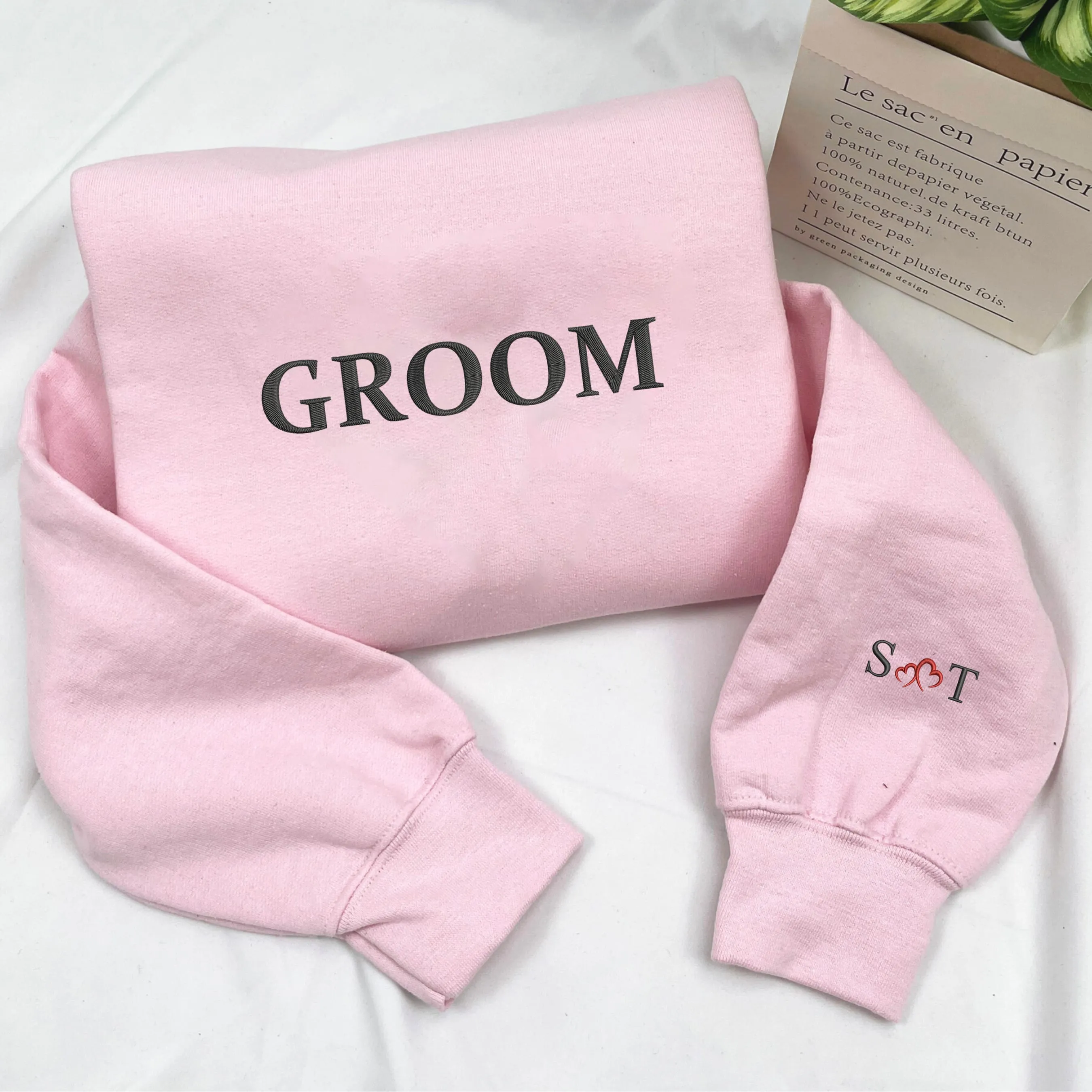 Personalized Unique Wedding Gifts for Bride and Groom with Embroider Sweatshit, Initial Heart Text Icon on Sleeve sold by Embroly product image thumbnail 3