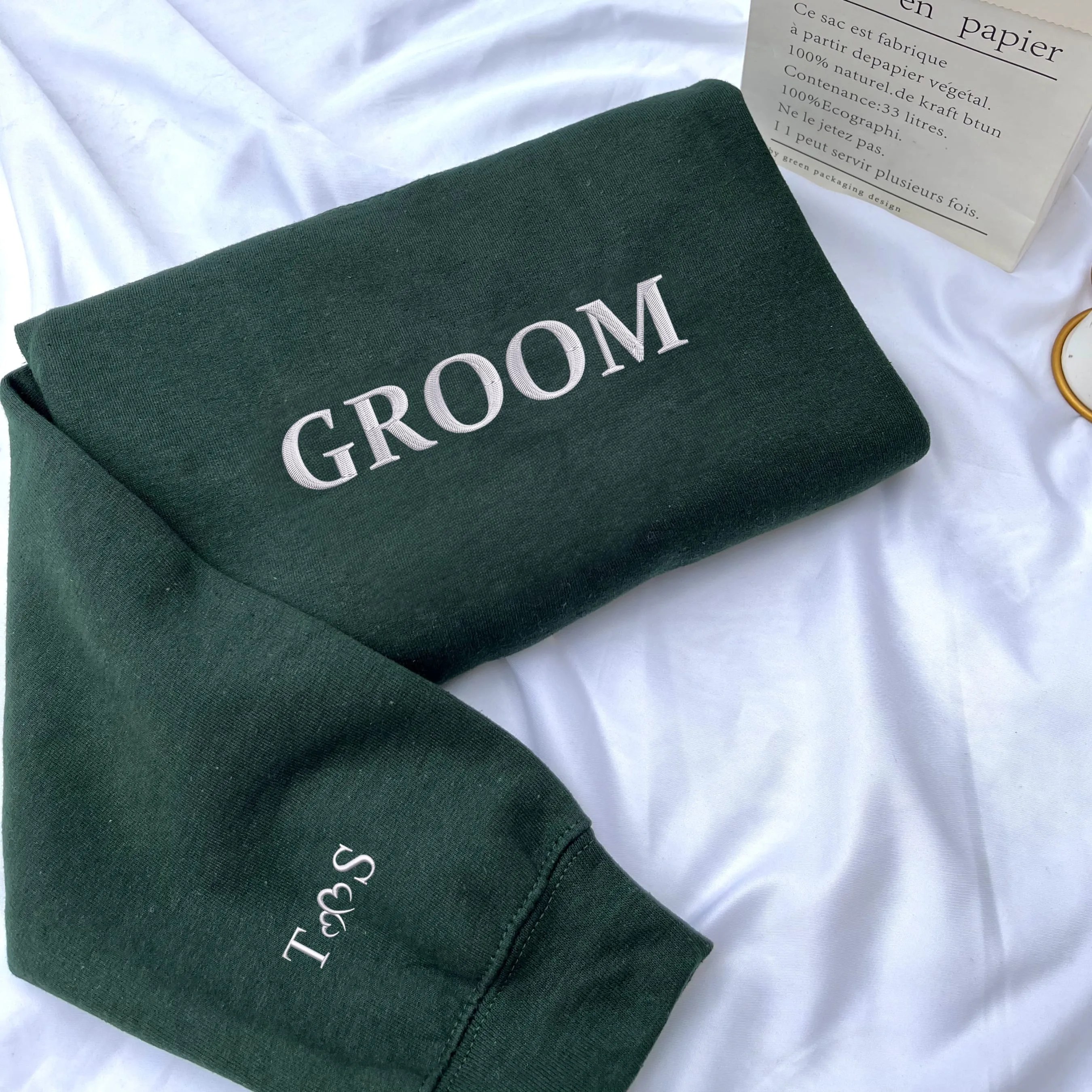 Personalized Unique Wedding Gifts for Bride and Groom with Embroider Sweatshit, Initial Heart Text Icon on Sleeve sold by Embroly product image thumbnail 2