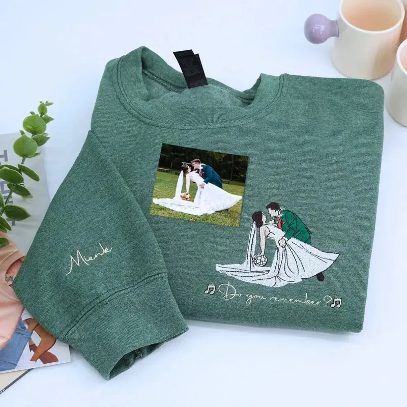 Personalized Wedding Shower Gifts for Groom Sweatshirt with Embroidery Your Photo, Any Text on Sleeve sold by Embroly