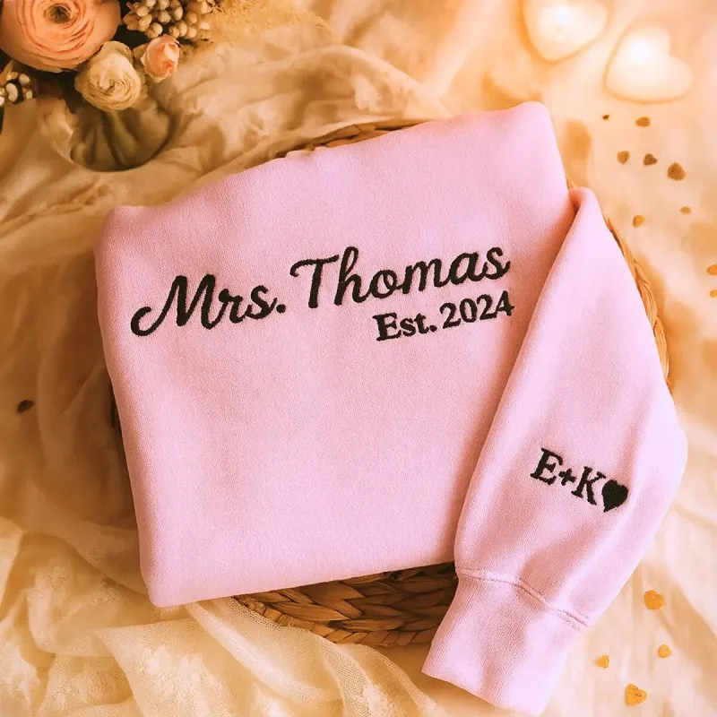 Personalized Bridal Shower Gifts for Her with Embroidered Ms Mrs Sweatshirt, EST Date, Any Text Icon on Sleeve sold by Embroly