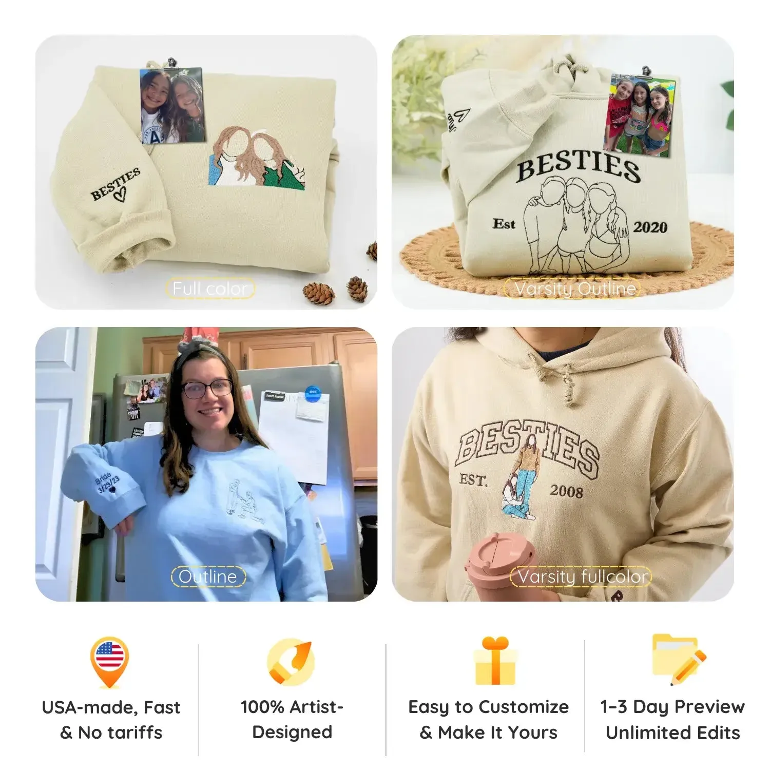Personalized Matching Bestie Sweatshirts with Embroidery Your Pictures, Besties or EST Year on Sleeve sold by Embroly product image thumbnail 4