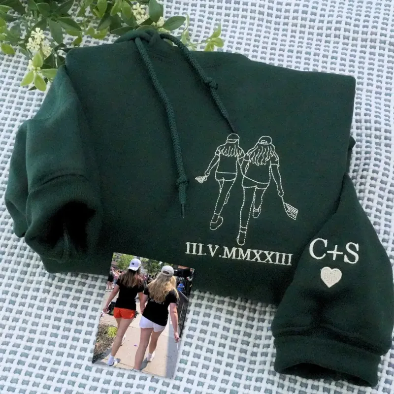 Personalized Matching Best Friend Sweatshirts with Photo Outline, Icon Name on Sleeve sold by Embroly