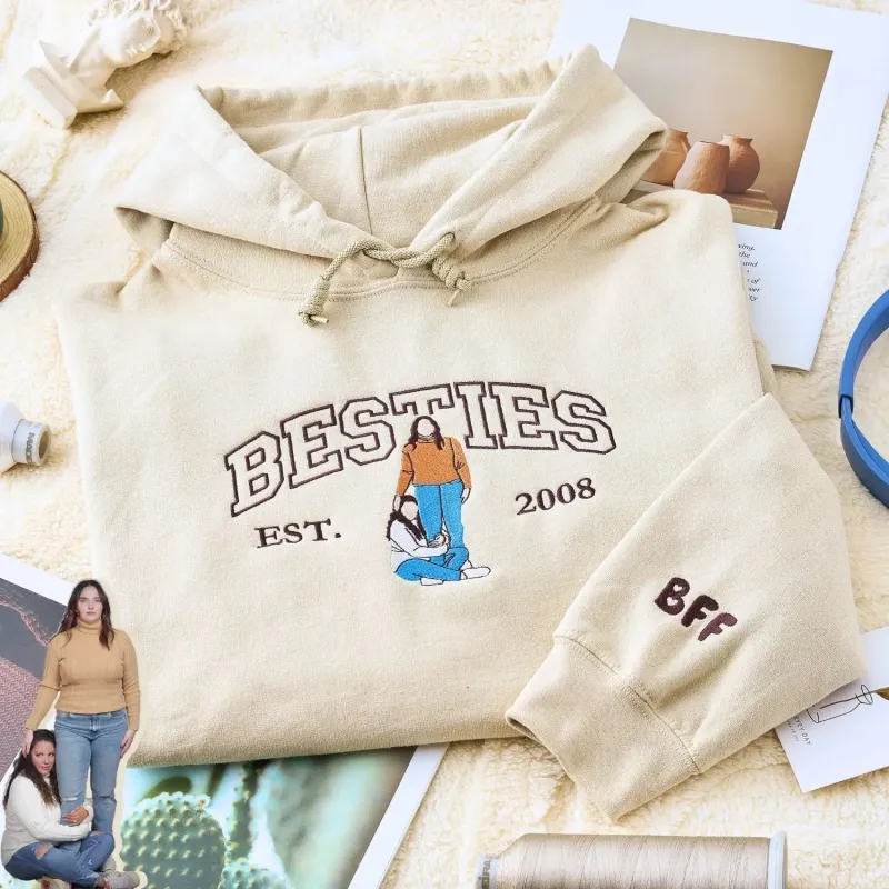 Custom Besties Sweatshirt with Portrait Photo, Embroidered Gift for Best Friend sold by Embroly