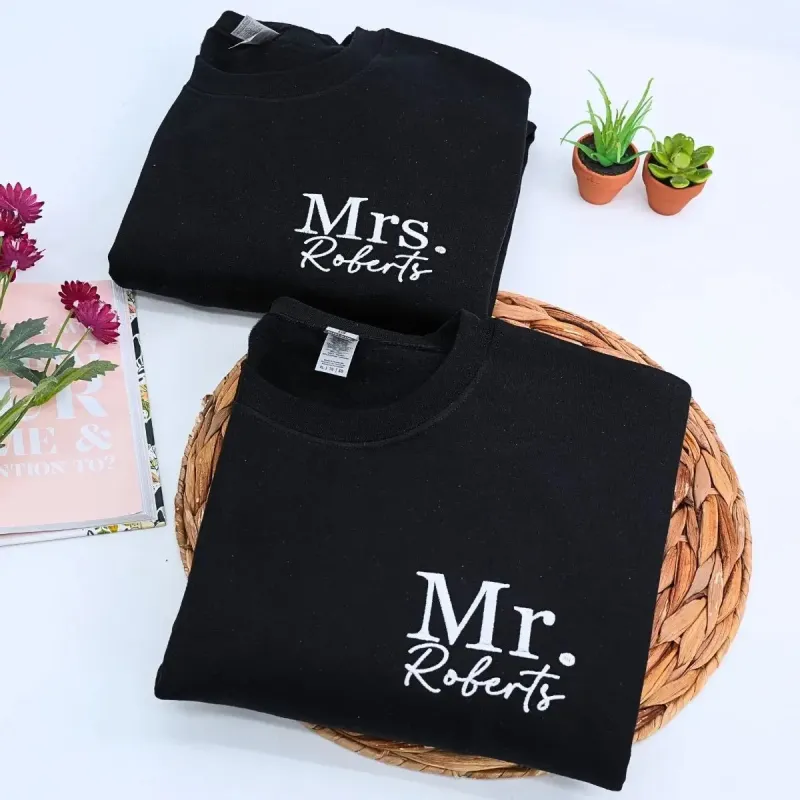Custom Embroidered Mr and Mrs Sweatshirt, Personalized Just Married Crewneck With Initial On Sleeve made by Embroly