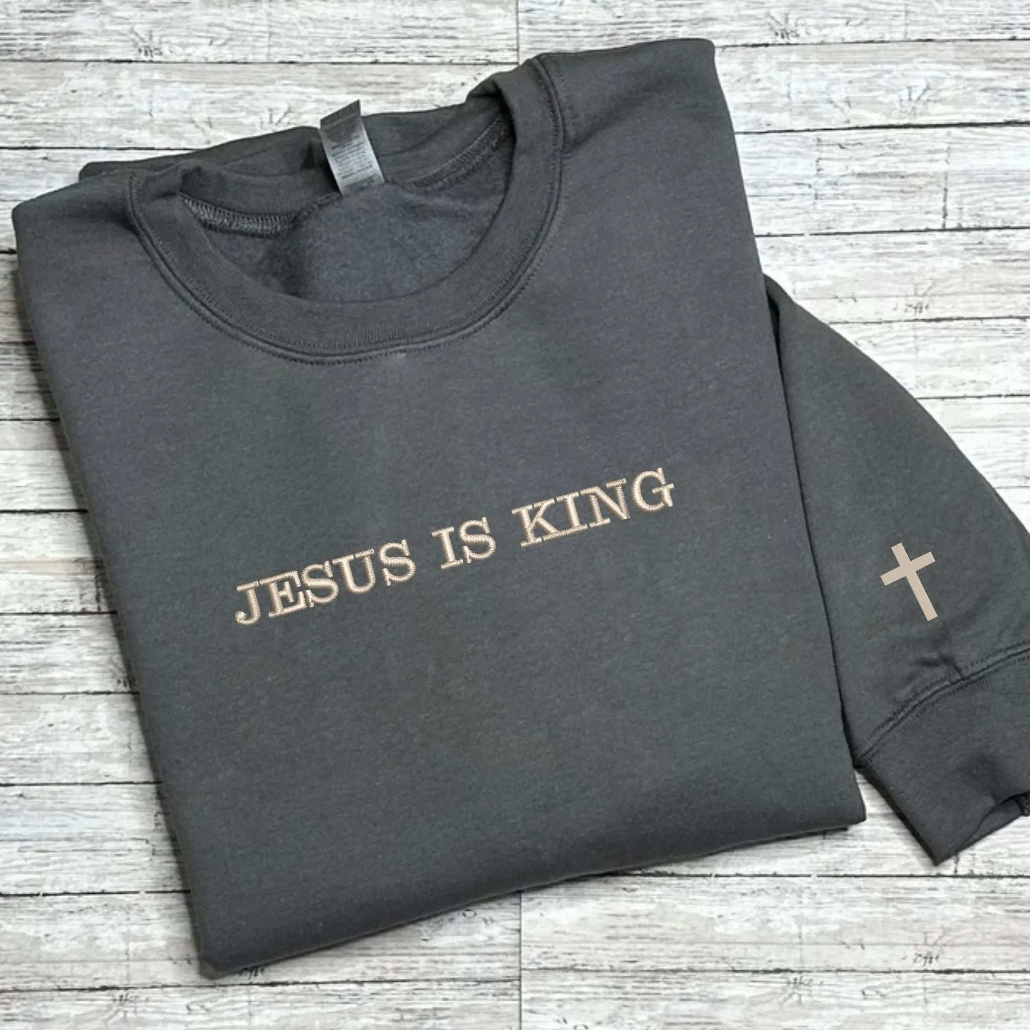 Cutsom Jesus Is King Sweatshirt With Cross on Sleeve, Christian Embroidered Hoodie, Religious Gifts for Her sold by Embroly product image thumbnail 2