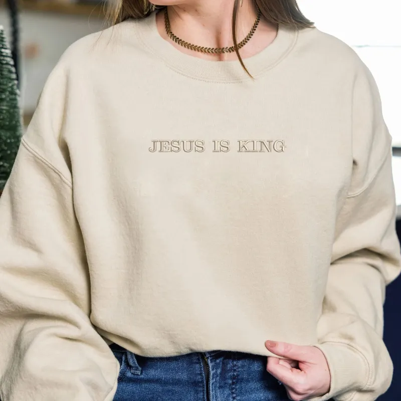 Cutsom Jesus Is King Sweatshirt With Cross on Sleeve, Christian Embroidered Hoodie, Religious Gifts for Her sold by Embroly