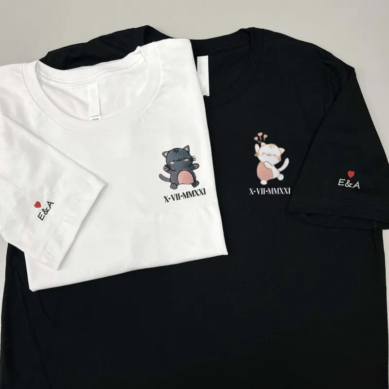 Custom Embroidered Cat Matching Couple Tshirt, Best Anniversary Gift For Couple sold by Embroly