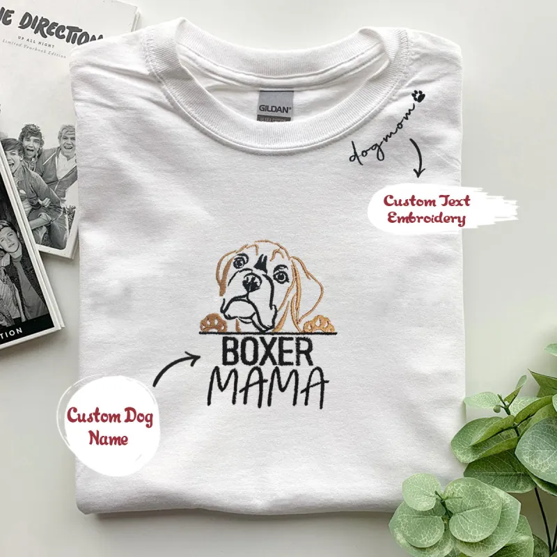 Custom Boxer T shirts, Dog Mama Shirt Embroidered Collar with Dog Name, Best Gifts For Boxer Lovers sold by Embroly