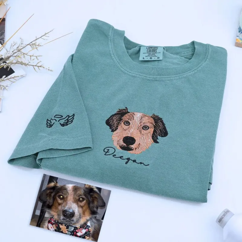 Custom Australian Shepherd Mom Shirt with Embroidered Portrait from Photo, Personalized Dog Mom Mothers Day Gifts sold by Embroly
