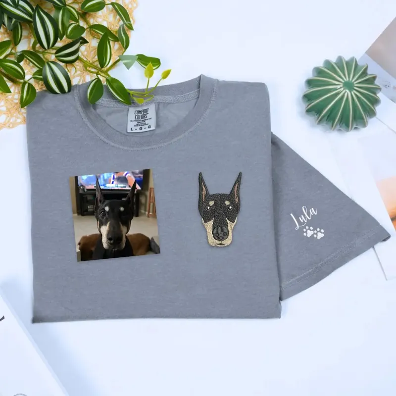 Personalized Doberman Dad Shirt with Embroidered Portrait from Photo, Best Gifts For Doberman Dog Dad made by Embroly