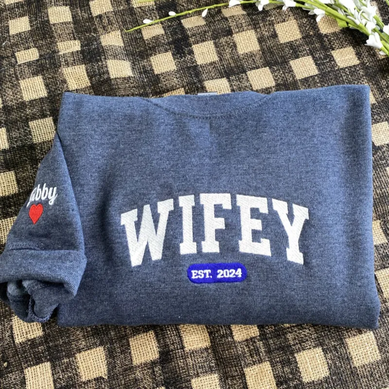 Customized Wifey Est 2024 Sweatshirt, Engagement Sweatshirt Embroidered, Bridal Shower Gift, New Wife Crewneck made by Embroly