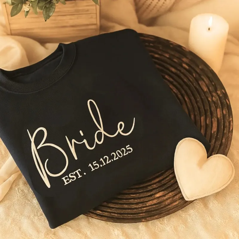 Bride Sweatshirt, Custom Bride Crewneck Est 2024 Embroidered with Initial Heart Sleeve sold by Embroly