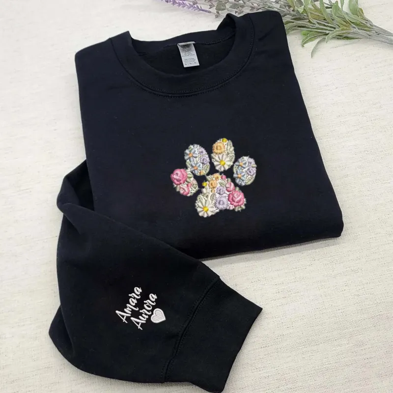 Custom Embroidered Pet Paw Sweatshirt, Floral Embroidered Letters Crewneck, Best Gift For Pet Owner sold by Embroly