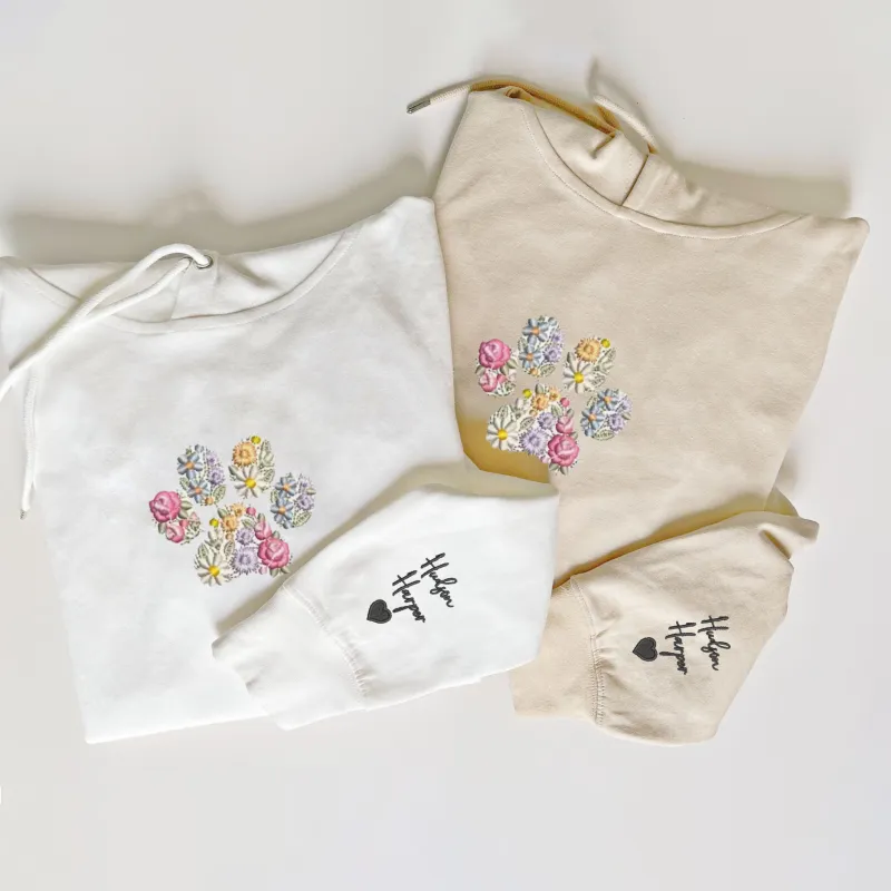 Custom Embroidered Pet Paw Hoodie, Floral Embroidered Letters Hoodie, Best Gift For Pet Owner made by Embroly