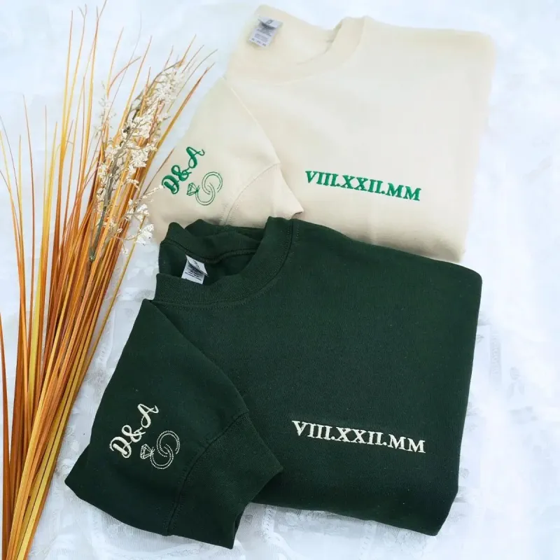 Personalized Unique Gift for Couple with Embroidered Roman Numerals Sweatshirt or Hoodie made by Embroly
