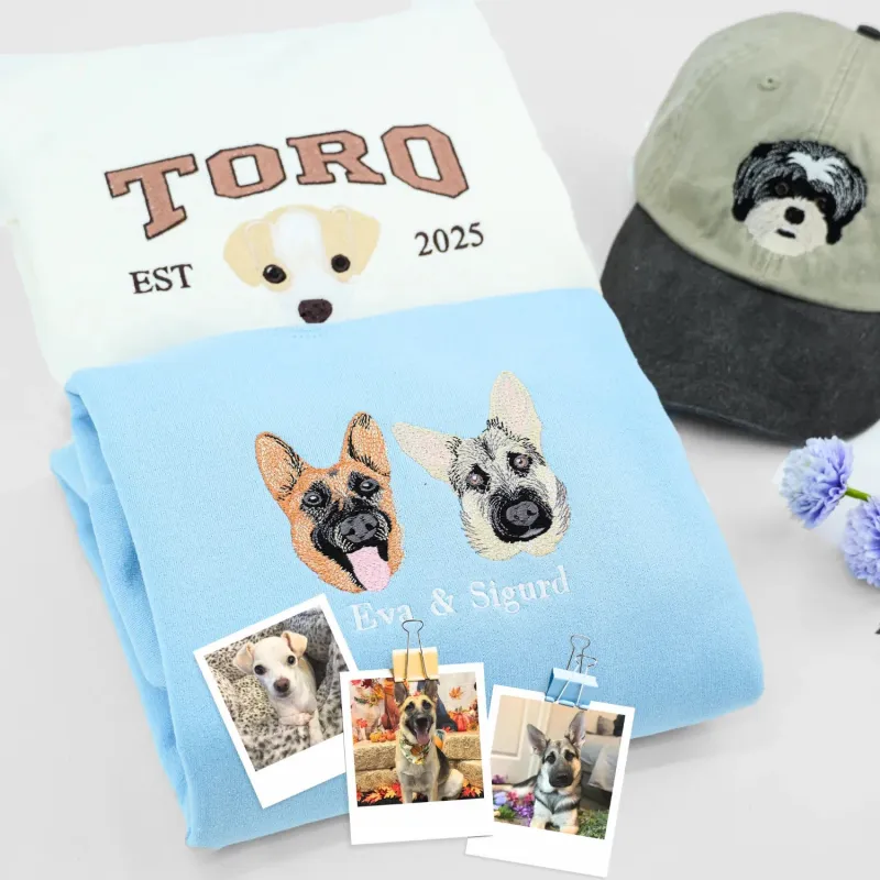 Custom Dog Mom Sweatshirt Embroidered Pet Face Name Portraits Photo on Sleeve sold by Embroly