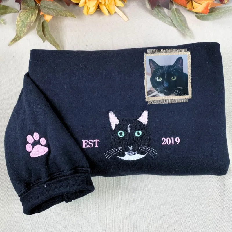 Black Cat Embroidery Sweatshirt or Hoodie, Black Cat Gift sold by Embroly