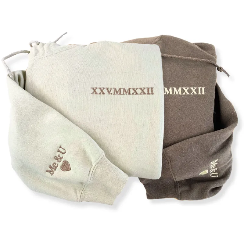 Personalized Wedding Gift Ideas for Couple with Embroidered Roman Date on Sweatshirt or Hoodie made by Embroly