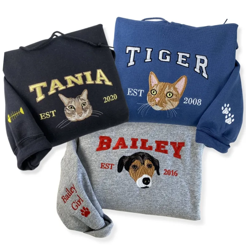 Custom Pet Embroidery Hoodie, Sweatshirt with Your Pet's Portrait Photo, Unique Gift for Pet Lovers sold by Embroly