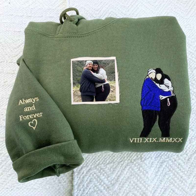 First Anniversary Gift for Couple With Embroidered Portrait Photo Sweatshirt or Hoodie sold by Embroly