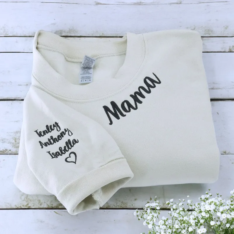 Mama Sweatshirt or Hoodie with Names on Sleeve, Custom Embroidered Gift for Mama made by Embroly