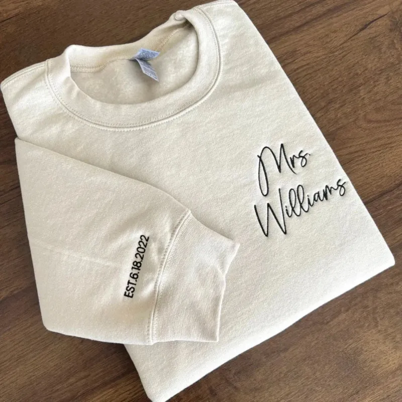 Personalized Future Mrs Sweatshirt Embroidered with Anniversary Date Text Name Initial Heart on Sleeve sold by Embroly