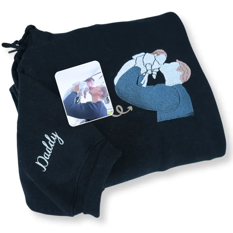 Dad Sweatshirt or Hoodie, Embroidered Gift with Father and Son Daughter Portrait Photo sold by Embroly