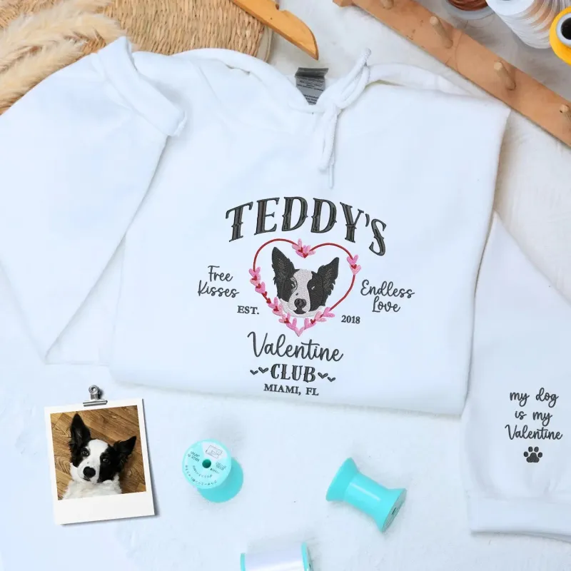 Custom Embroidered Dog Valentine Club Sweatshirt or Hoodie with Dog Portrait from Photo, Valentine's Day Gifts for Dog Lovers sold by Embroly